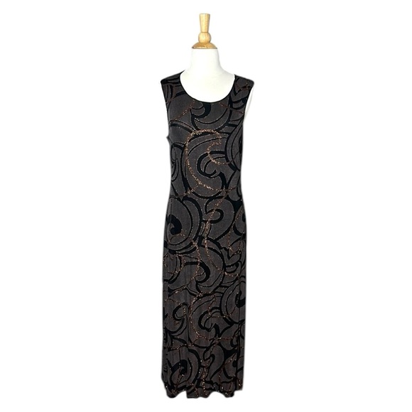 Vintage Y2K Slinky Metallic Bronze Maxi Dress Sleeveless Gothic Grunge, Size 12 - Picture 1 of 13